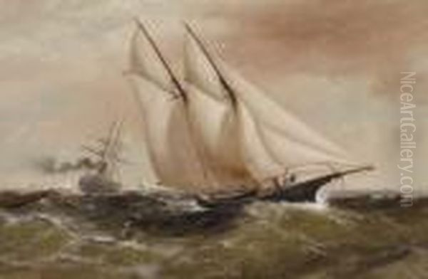 A Schooner Yacht In Rough Seas With Other Shipping In The Distance - view 1