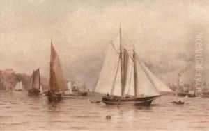 Fishing Boats And Other Shipping
On The Hudson With A View Of The New York And The Bluffs by Granville Perkins