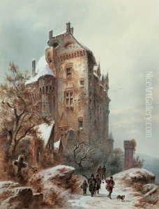 Winterlandschaft Mit Musikanten Vor Einer Burg.