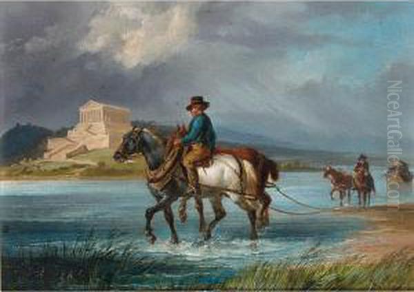 Horses Towing A Ship Along A River, A Classical Temple In The Distance - view 1