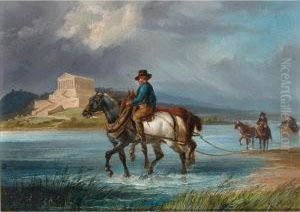 Horses Towing A Ship Along A River, A Classical Temple In The Distance by Friedrich Perlberg