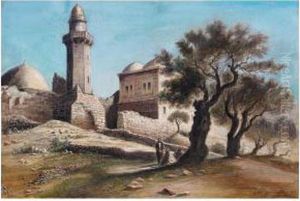 Figures Under A Tree By The City Walls, Jerusalem by Friedrich Perlberg
