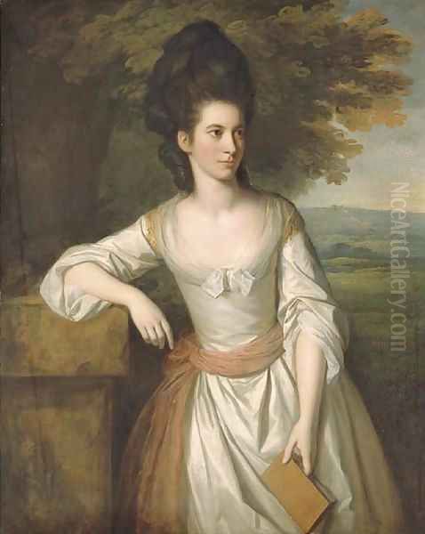 Portrait of Mrs. Vere, three-quarter-length, in a white dress with a pink sash, holding a book in her left hand, with a landscape beyond - view 1