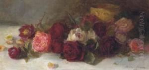 Still Life Of Roses By A Gold Bowl by Louise Ellen Perman