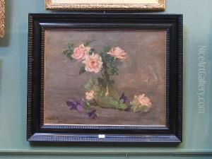 Pink Roses In A Glass Vase by Louise Ellen Perman