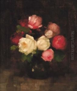 Pink And Red Roses In A Vase by Louise Ellen Perman