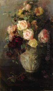 Still Life With Pink, Yellow And Red Roses In A Vase by Louise Ellen Perman