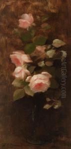Still Life With Pink Roses In A Vase by Louise Ellen Perman