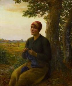 Junge Schaferin Mit Ihrer Strickarbeit Vor Einem Baum Sitzend by Aime Perret