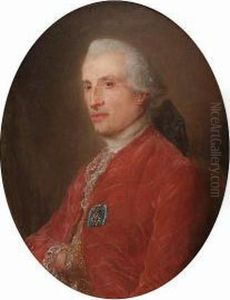 Portrait Of A Gentleman, Said To
 Be Charles Le Normant Du Coudray, Seated Half-length, In A Red Coat And
 Gold Brocade Waistcoat