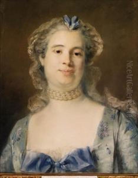 Portrait Of Madame Chevotet, 
Bust-length Wearing A Pale Green Silkdress With A Blue Ribbon, A Laced 
Bonnet And A Pearlednecklace - view 1