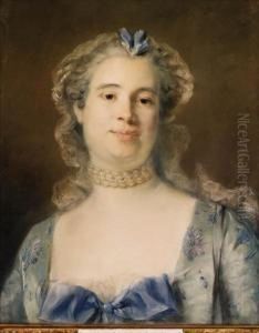 Portrait Of Madame Chevotet, 
Bust-length Wearing A Pale Green Silkdress With A Blue Ribbon, A Laced 
Bonnet And A Pearlednecklace