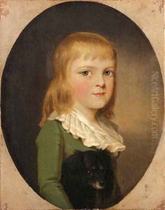 Portrait of Frederick William Hallet Hodges, half-length, in a green coat, with a black spaniel, feigned oval