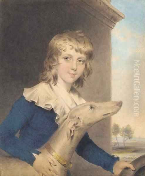 Portrait of Master Twisden, three-quarter-length, in a blue coat, with a white collar, beside a whippet, holding a hat, a landscape beyond - view 1