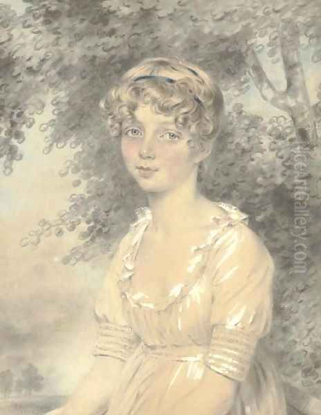 Portrait of the younger Miss Wolff as a child, half-length, seated, her hair tied with a ribbon bandeau, in a landscape beneath a tree - view 1