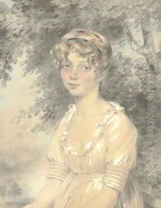 Portrait of the younger Miss Wolff as a child, half-length, seated, her hair tied with a ribbon bandeau, in a landscape beneath a tree by John Downman