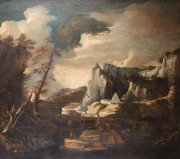 A River Landscape With Anglers On The Rocks In The Foreground - view 1