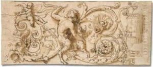 Design For A Frieze: A Satyr 
Protecting An Infant Satyr From A Monster, Amid Acanthus Leaves