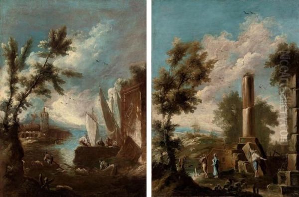 A Wooded Landscape With Figures Amongst Ruins - view 1