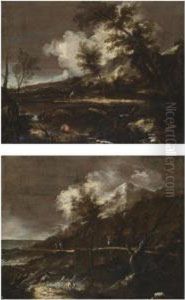 A River Landscape With Figures On A Bank