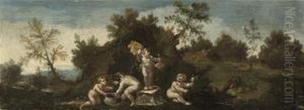 A Wooded Landscape With Putti Disporting; And A Wooded Landscapewith An Infant Bacchanal - view 1
