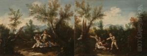 Puttini Che Preparano Una Corona Di Fiori, Putti In Un Paesaggiocon Corona Di Fiori