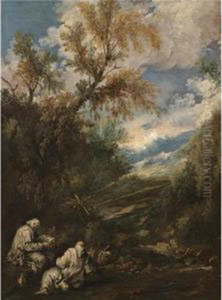 A Wooded Landscape With Saints Anthony The Great And Paul The Hermit by Antonio Francesco Peruzzini