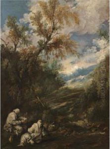 A Wooded Landscape With Saints Anthony The Great And Paul The Hermit by Antonio Francesco Peruzzini