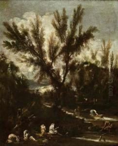 Paesaggio Fluviale Frati E Viandanti by Antonio Francesco Peruzzini