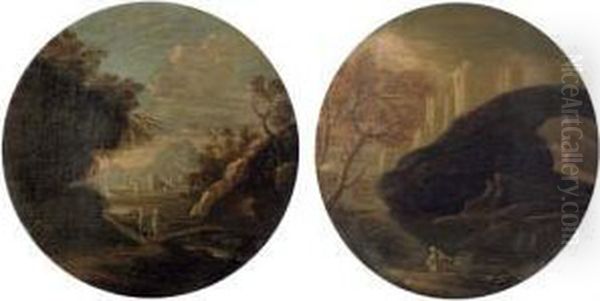 A Mountainous River Landscape 
With Figures Conversing By A Stream; And A Mountainous River Landscape 
With A Fisherman By A Stream And A Traveller On Horseback - view 1