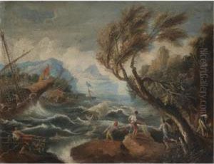 A Tempest With Shipping Being 
Wrecked Off The Coast; A Coastal Scene With Merchants Unloading Their 
Wares On The Quay