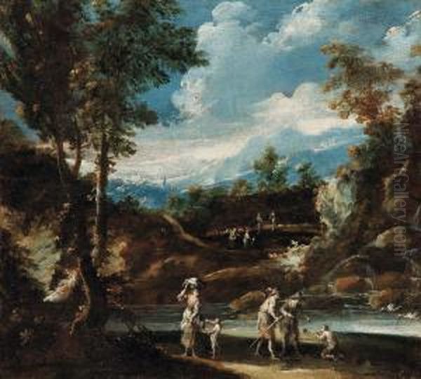 Paesaggio Montano Con Fiume E Viandanti - view 1