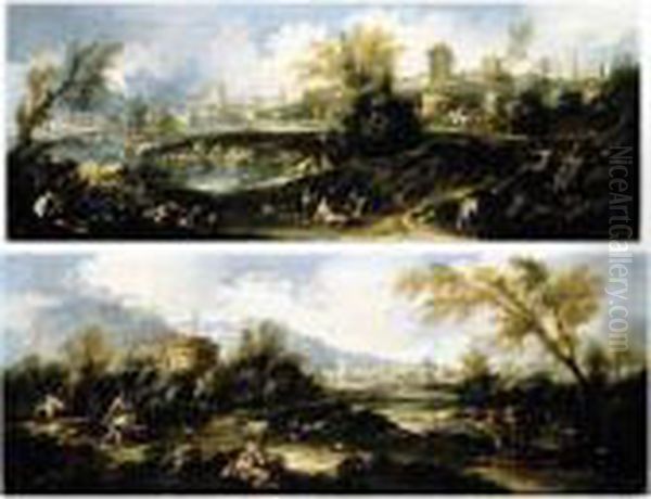 A Capriccio Landscape With A 
Tower, Pilgrims And Other Figures, A Town Beyond; A Capriccio River 
Landscape, Figures In The Foreground, And A Town With An Arch Beyond - view 1