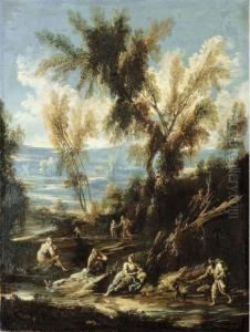 A Wooded River Landscape With Washerwomen And Other Figures by Antonio Francesco Peruzzini