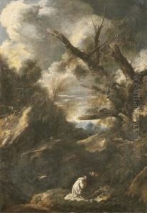 A Wooded Landscape With A Capuchin Friar Adoring The Cross