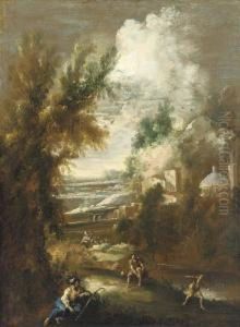 A Mountainous River Landscape With Figures At Rest Before A Town by Antonio Francesco Peruzzini