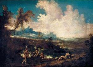 A River Landscape With Four Figures Resting Beside A Road