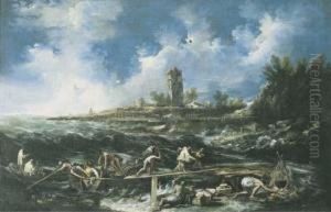 Castaways Landing On The Beach After The Storm, A Village Beyond by Antonio Francesco Peruzzini