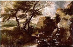 A Rocky Landscape With A Hunter And His Dog By A Waterfall by Antonio Francesco Peruzzini