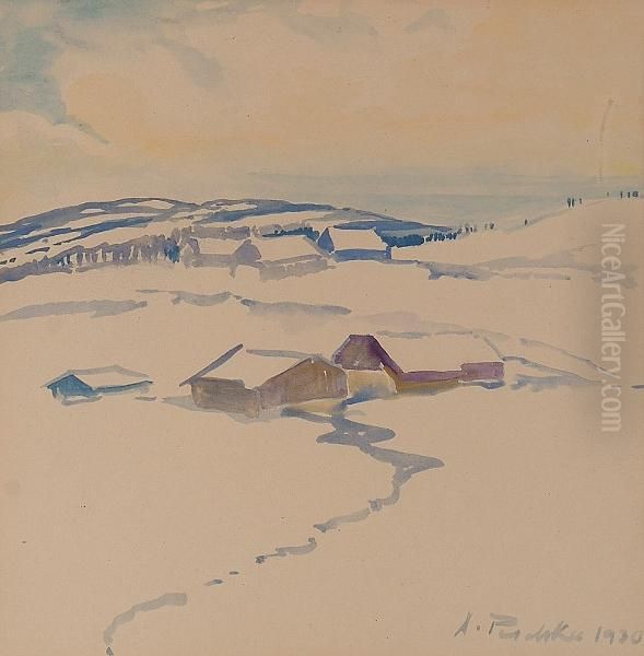 Winter Landscape With Path To Cottages. - view 1