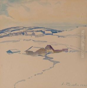 Winter Landscape With Path To Cottages. by Anton Emanuel Peschka