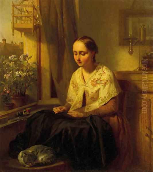 A girl doing needlework - view 1