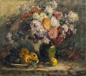 Stillleben Mit Blumenstraus Und Obstschale