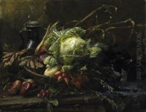 Large Kitchen Still Life With A 
Basket Of Vegetables And A Cat. Signed Bottom Right: Anna Peters. Oil On
 Canvas. 81 X 105cm. Framed by Anna Peters