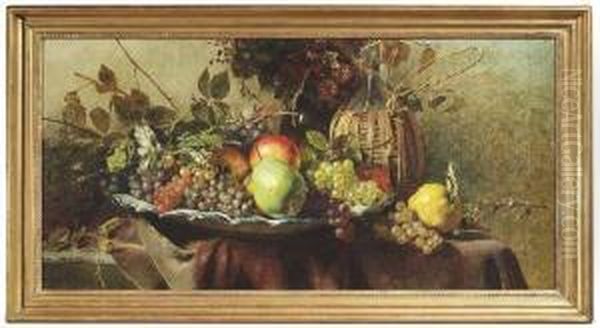 Still Life With Grapes, Apples, Pears, Flowers And A Wickerbottle - view 1