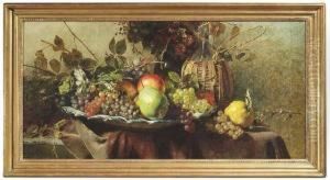 Still Life With Grapes, Apples, Pears, Flowers And A Wickerbottle by Anna Peters