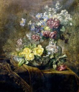 German Still Life Of Flowers On A
 Tapestry Covered Table Oil On Canvas Signed 94 X 81 Cms Illustrated