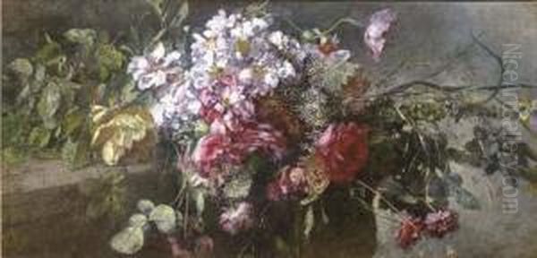 A Bouquet Of Pink And Red Roses On A Ledge - view 1