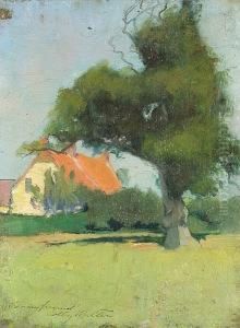 A Sheltering Tree With An Orange-roofed Cottage Beyond