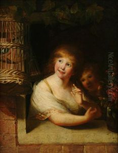 Ra Twochildren With A Jay In A Cage by Matthew William Peters